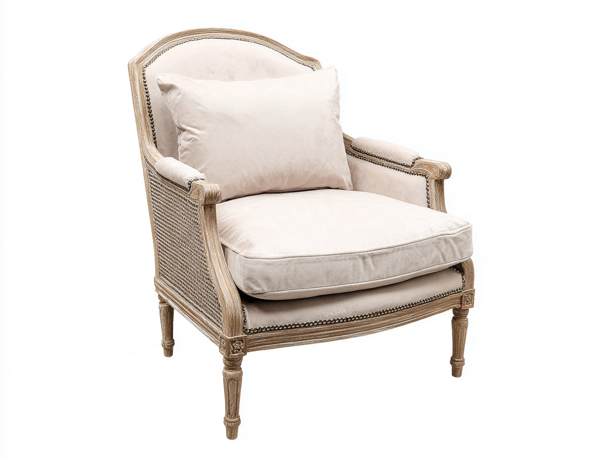 Sillón tapizado 82 x 88 x 98 cm - crema y madera natural - diseño clásico con respaldo curvo y brazos acolchados