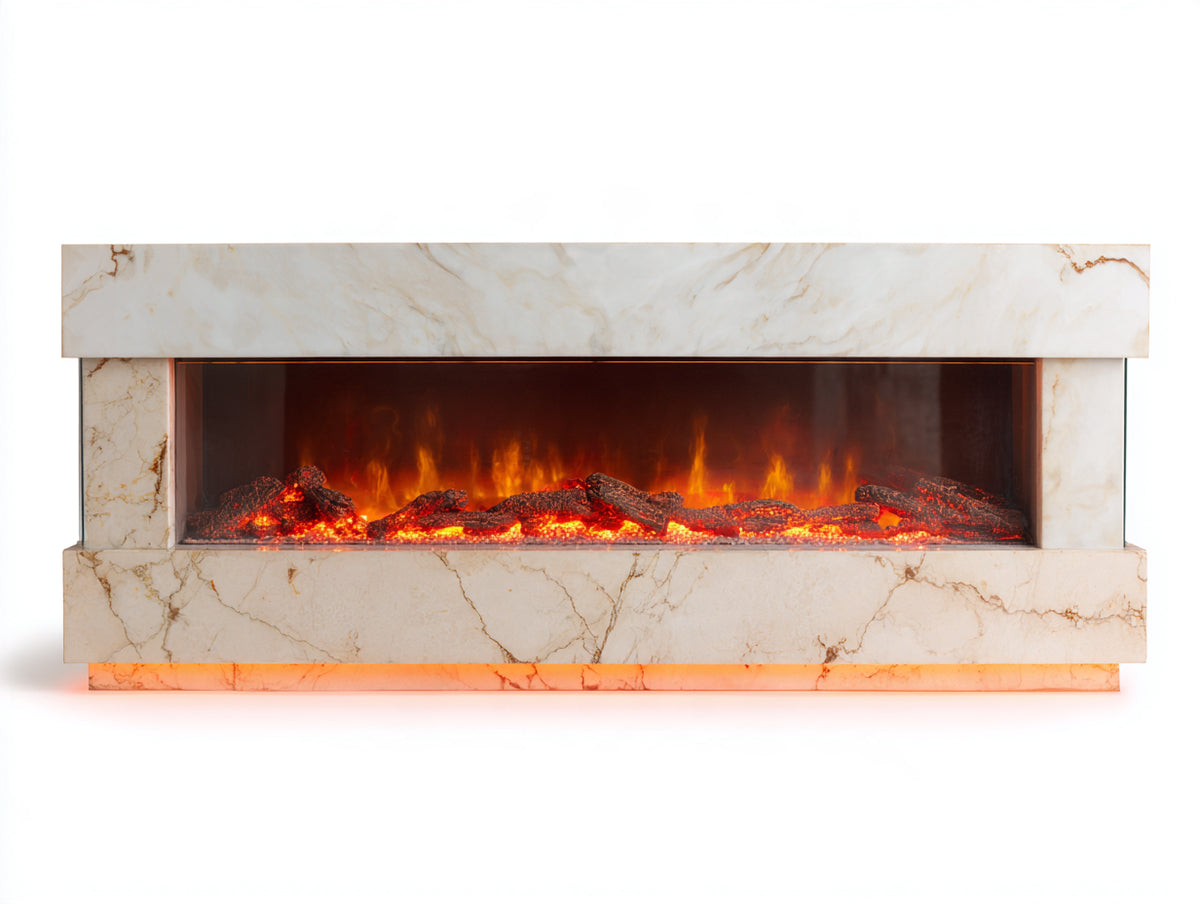 Chimenea eléctrica panorámica con acabado efecto mármol 180 x 45 x 90 cm - Blanco crema - diseño moderno con efecto de llama