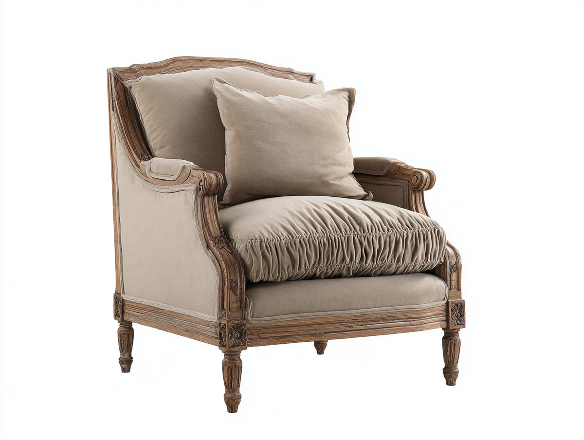 Sillón tapizado con estructura de madera 88 x 92 x 102 cm - Beige y madera envejecida - estilo clásico