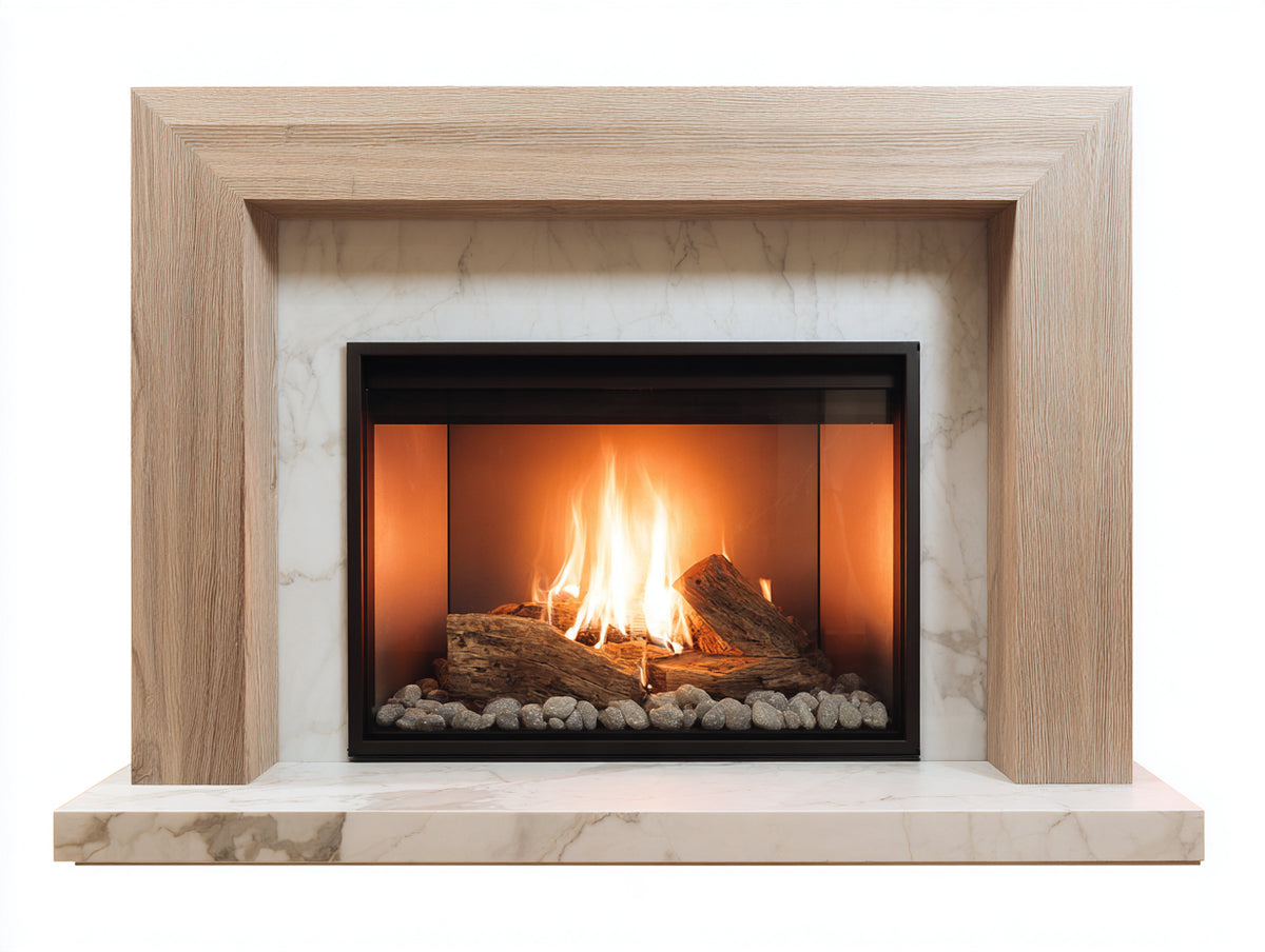 Chimenea eléctrica 130x38x105 cm - Madera natural blanco mármol y negro - Efecto llama con marco contemporáneo