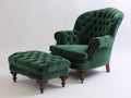 Sillón tapizado 95x95x110 cm - Verde oscuro y marrón - Con reposapiés capitoné y diseño clásico