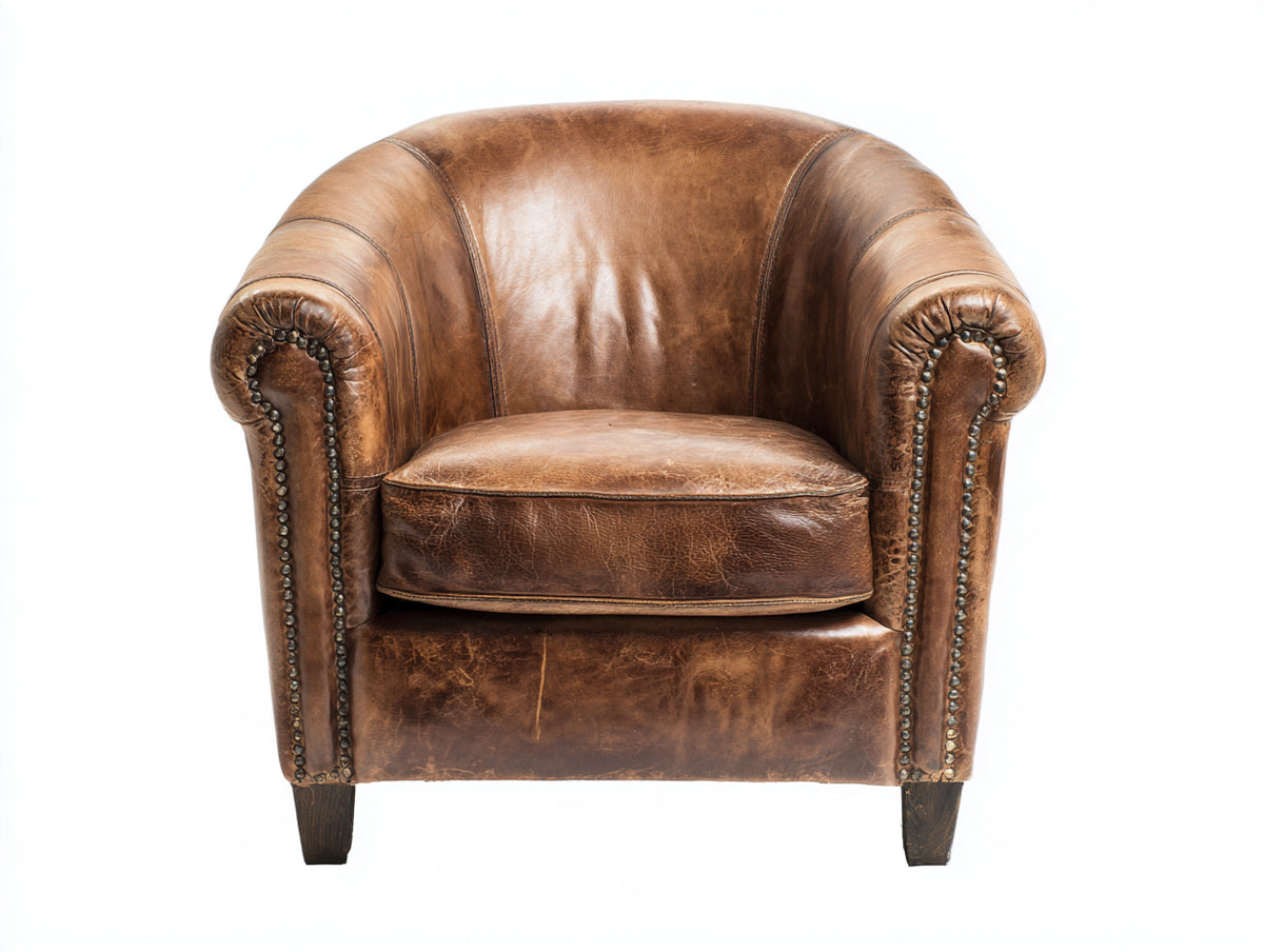 Sillón de cuero 85 x 88 x 82 cm - marrón envejecido - diseño clásico con brazos enrollados y tachuelas decorativas