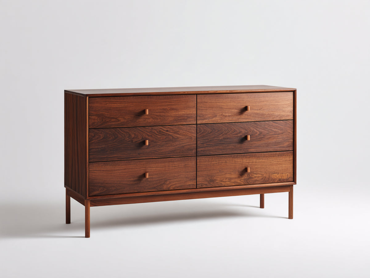 Cómoda de madera 140x45x85 cm - Marrón nogal - 6 cajones y diseño minimalista
