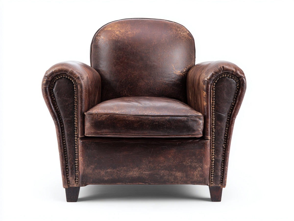 Sillón de cuero 88x90x92 cm - Marrón envejecido - Diseño clásico con reposabrazos enrollados y tachuelas