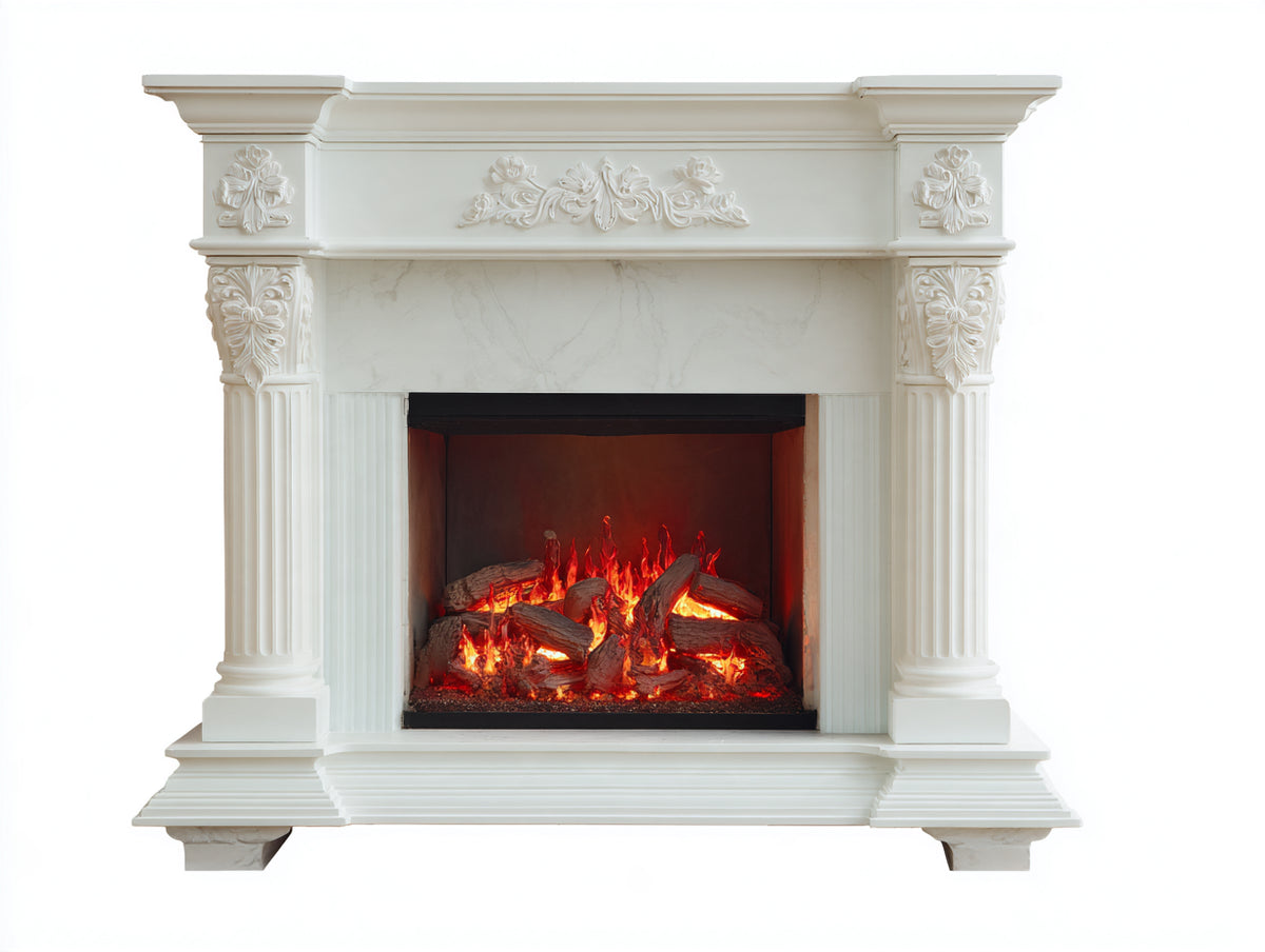 Chimenea eléctrica 140x45x120 cm - blanco - diseño clásico con columnas decorativas efecto mármol y leños iluminados para salón