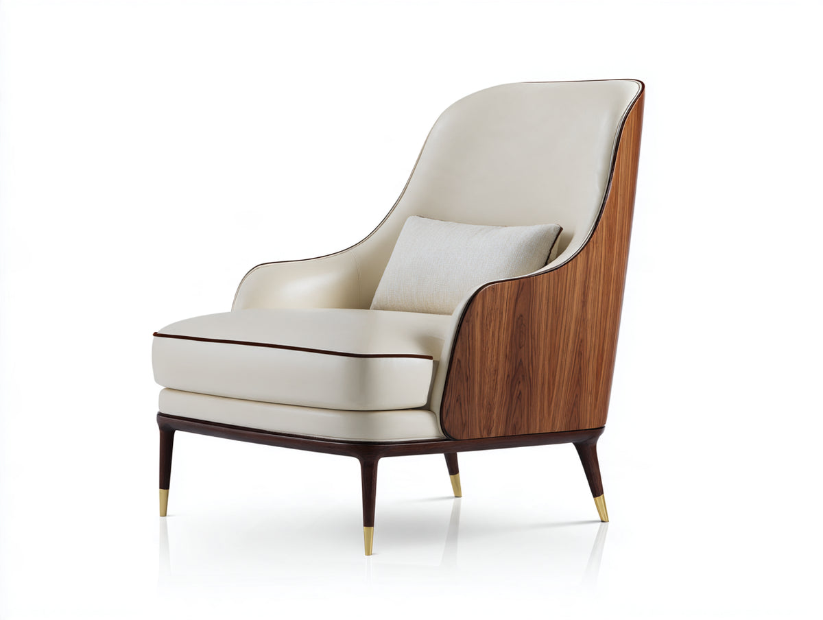 Sillón tapizado con estructura de madera 82 x 88 x 105 cm - Beige y nogal - diseño contemporáneo con respaldo alto