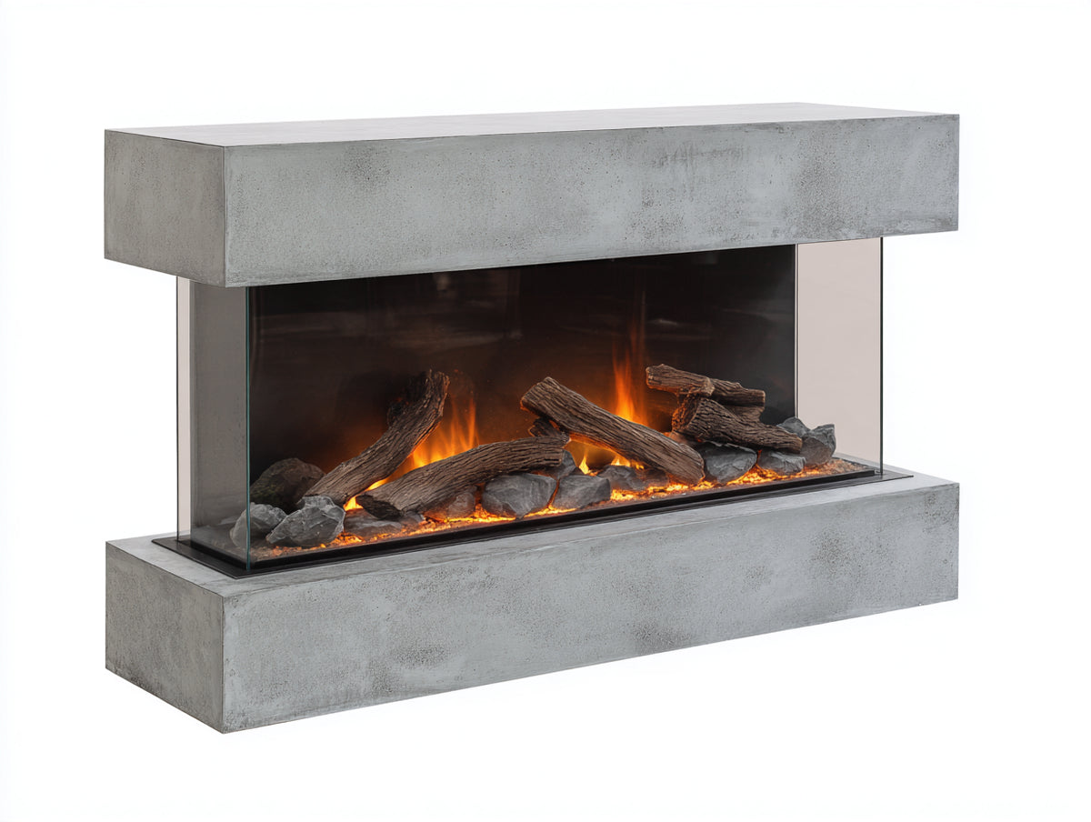 Chimenea eléctrica panorámica de cristal 150x40x85 cm - Gris hormigón - Diseño moderno de doble cara