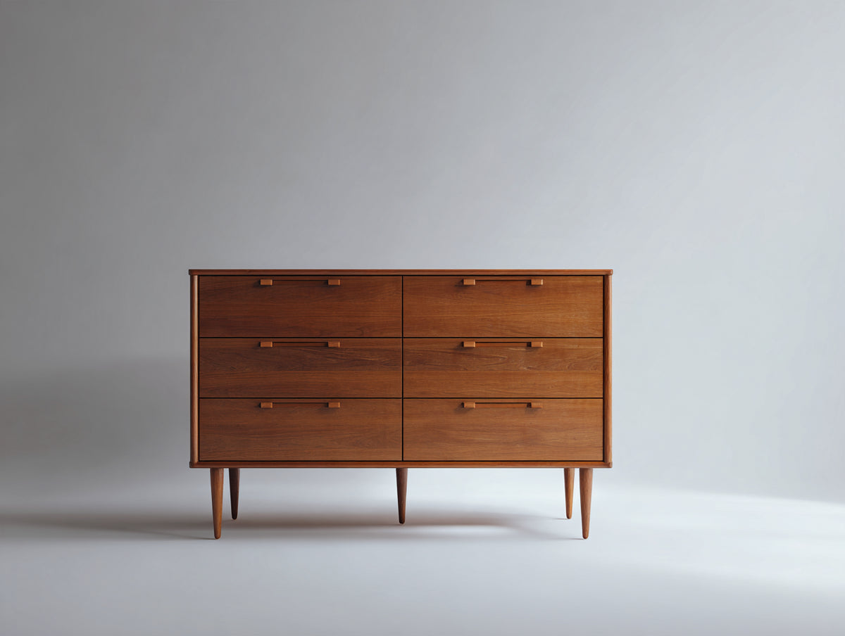 Cómoda de madera 145x45x82 cm - marrón - 6 cajones con tiradores rectos y patas elevadas para dormitorio y salón