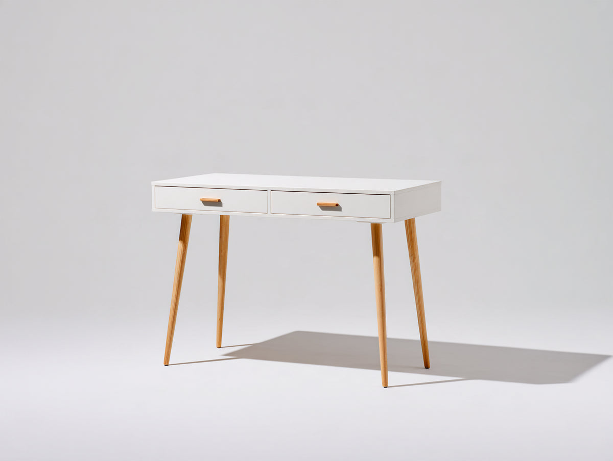 Mesa de oficina de madera 110x50x75 cm - Blanco y madera natural - 2 cajones con diseño minimalista para despacho