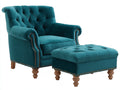Sillón de terciopelo 88 x 92 x 100 cm - azul petróleo y madera natural - diseño clásico capitoné con reposapiés