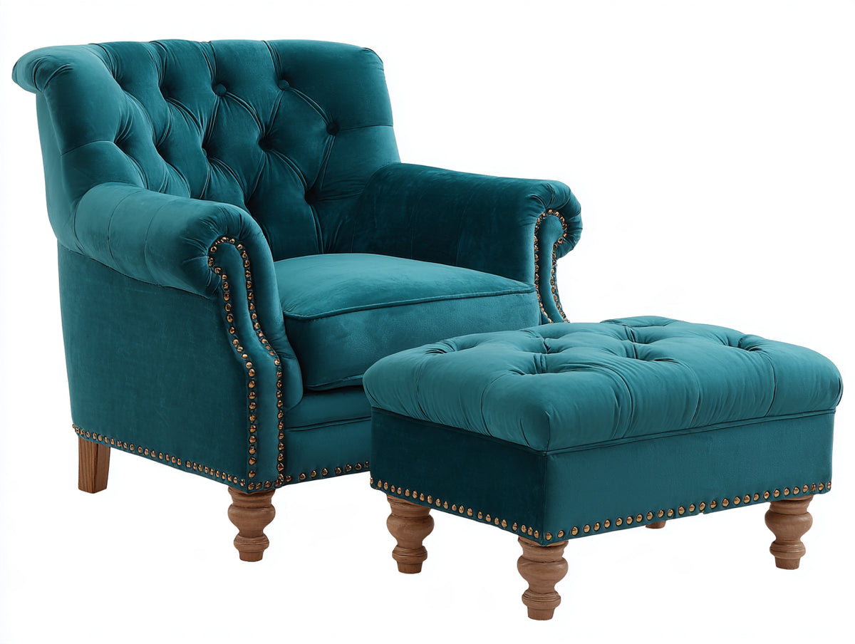 Sillón de terciopelo 88 x 92 x 100 cm - azul petróleo y madera natural - diseño clásico capitoné con reposapiés
