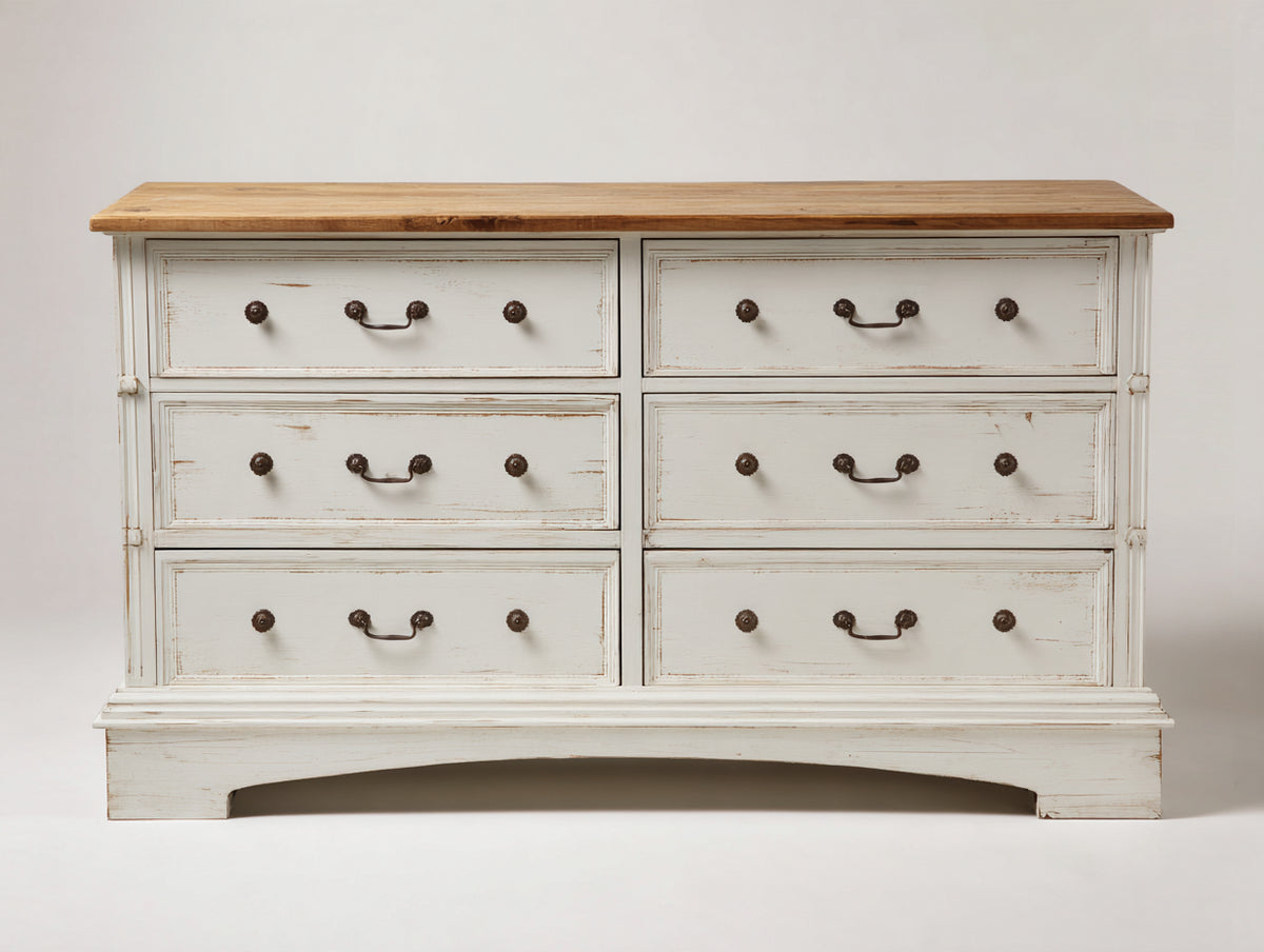 Cómoda de madera 150x45x90 cm - Blanco envejecido y madera natural - 6 cajones con diseño clásico para dormitorio