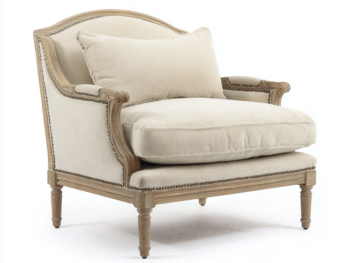 Sillón tapizado 92x90x98 cm - Crema y madera natural - Diseño clásico con reposabrazos y tachuelas