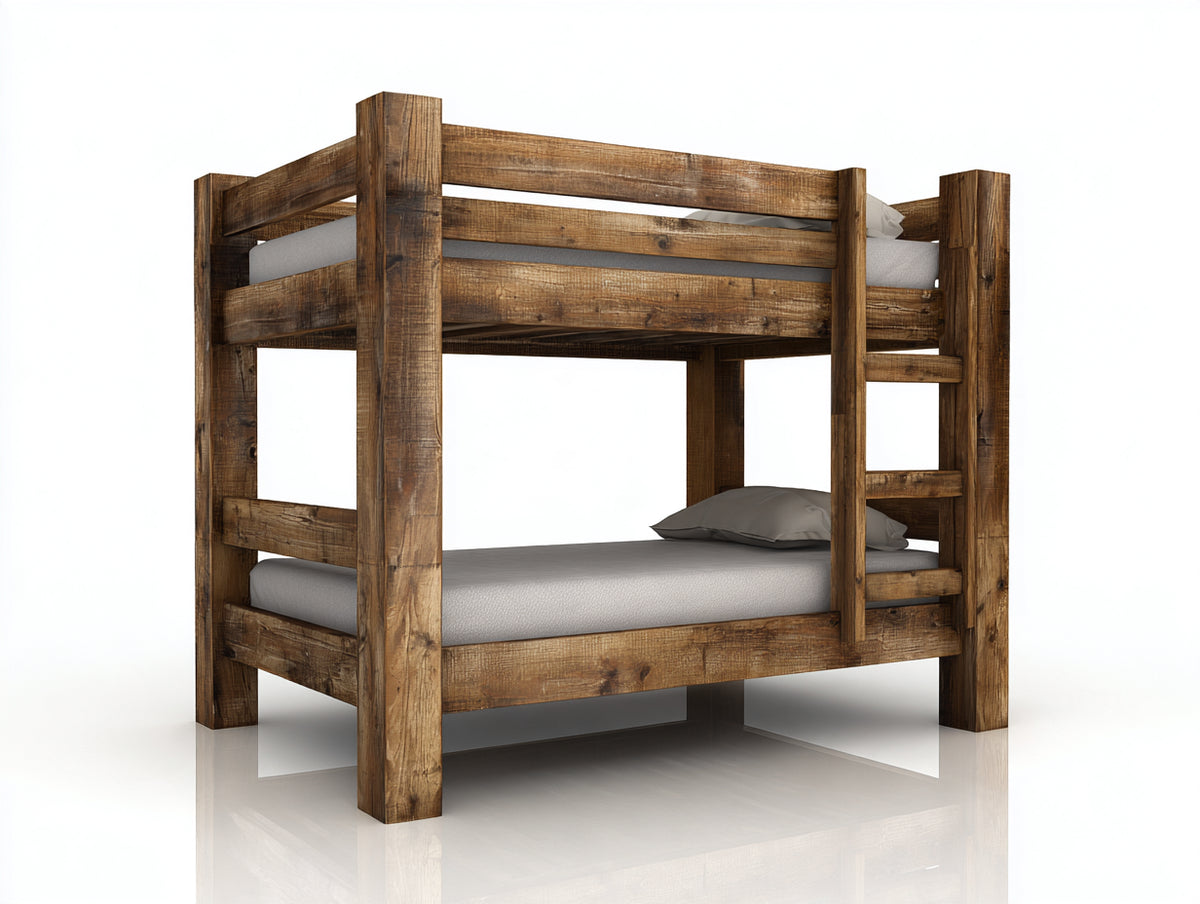 Litera de madera 205x105x170 cm - Marrón rústico - 2 niveles con escalera integrada y barreras de seguridad