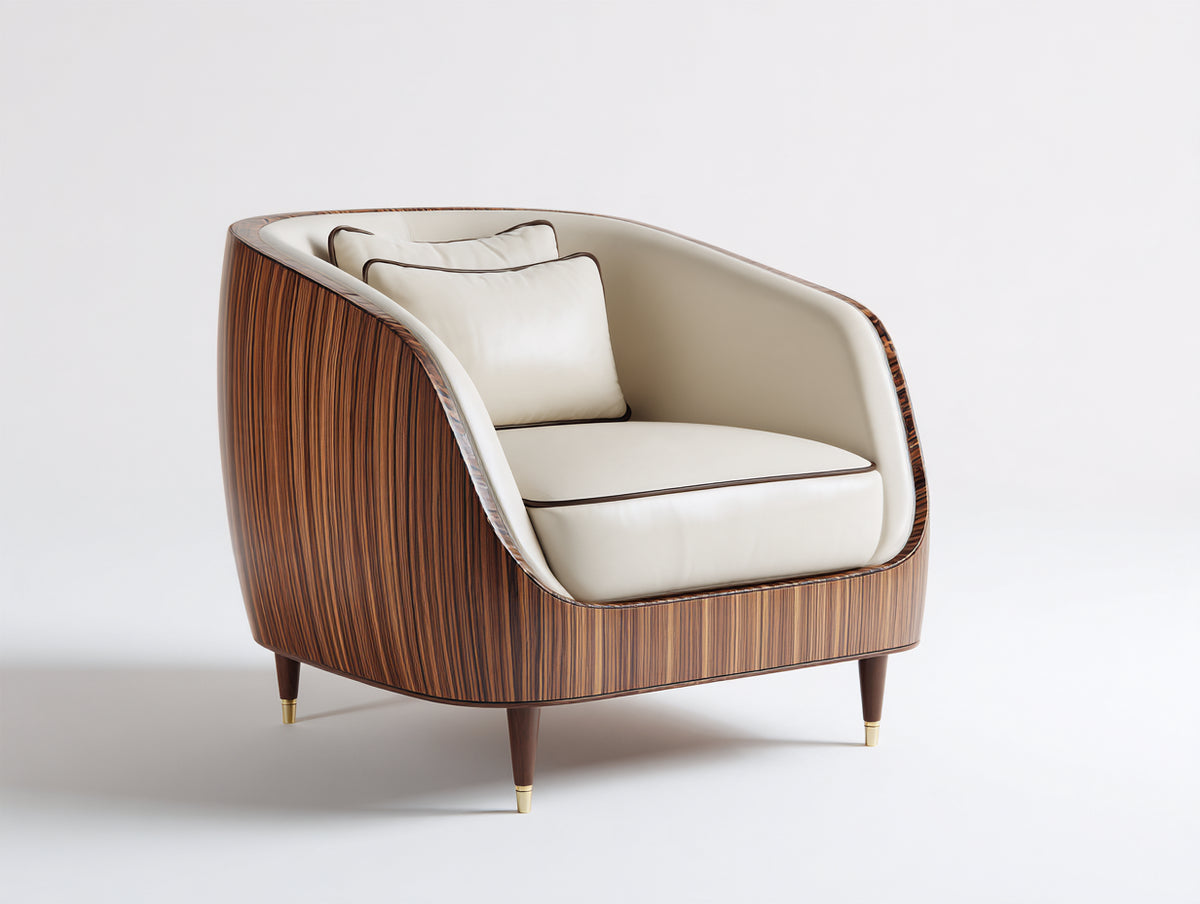 Sillón tapizado 88x86x82 cm - crema y marrón - diseño envolvente con carcasa efecto madera y patas elevadas para salón