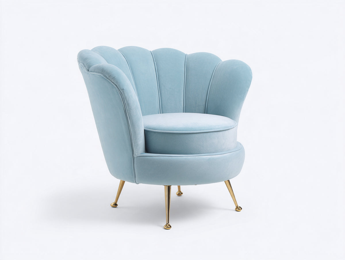 Sillón tapizado 80x78x86 cm - Azul claro - Respaldo envolvente con diseño de pétalos y patas metálicas