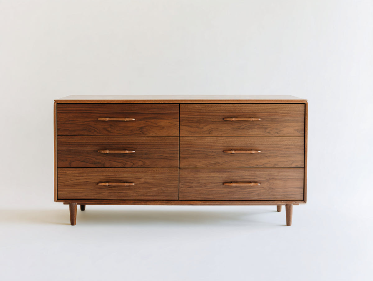 Cómoda de madera 150x45x80 cm - marrón - 6 cajones con tiradores integrados y patas elevadas para dormitorio y salón