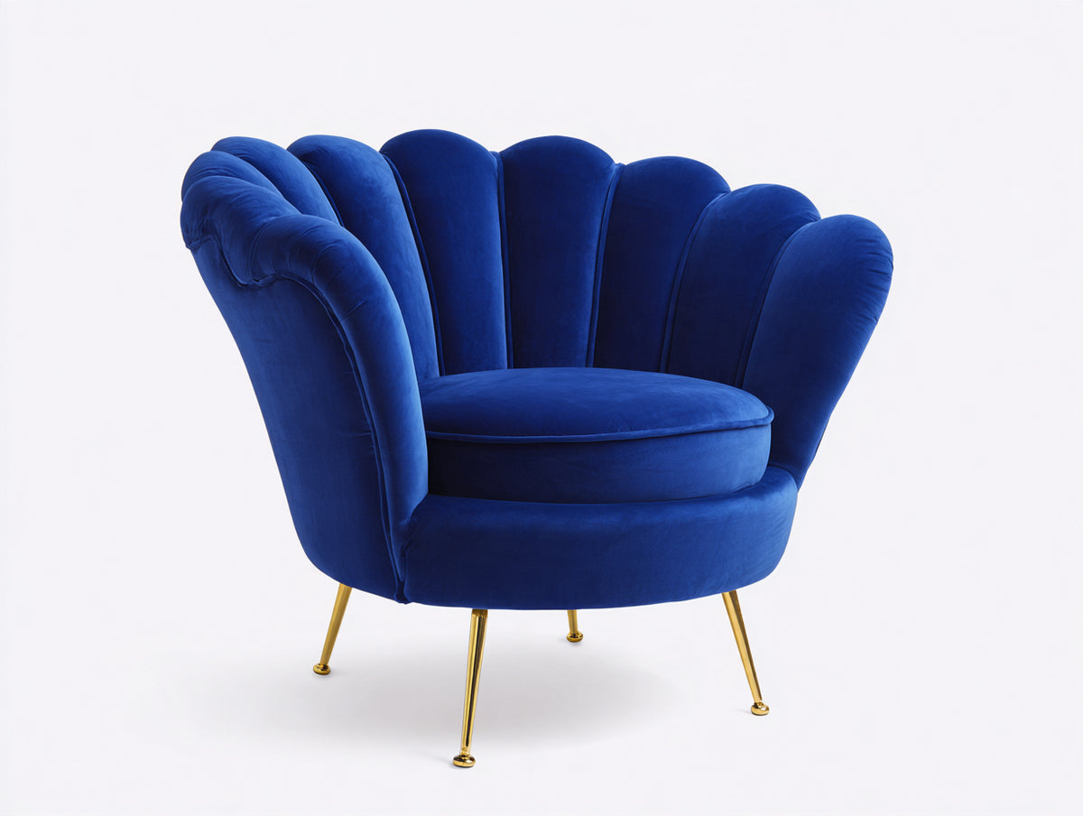 Sillón tapizado de terciopelo 98 x 92 x 88 cm - Azul y dorado - diseño contemporáneo con respaldo en forma de concha