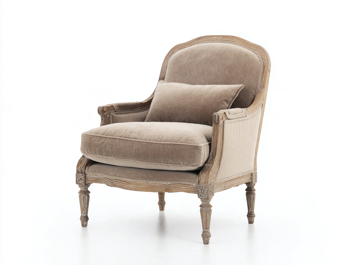 Sillón tapizado 85x88x95 cm - beige y madera - diseño clásico con respaldo alto curvo y estructura decorativa para salón
